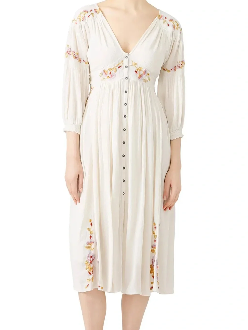 Free People Day Glow Midi Floral Embroidered Cream Dress